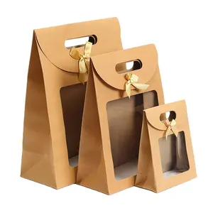 Kraftpapier Winkelen Gift Bag Bruin Cupcake Verpakking Tas Met Transparante Pvc Raam Bolsa De Papel Driehoek Eco Vriendelijke