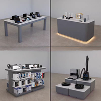 Tables de présentation sur pied en bois blanc et gris, personnalisées en usine, pour la promotion de bagages et d'aspirateurs robots LADISPLAY