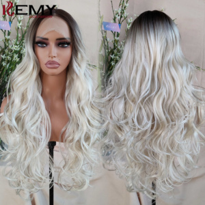 Perruque synthétique KEMY HAIR Burg résistante à la chaleur, ondulée naturelle, avec dentelle frontale, sans colle, avec raie au milieu, noire, pour femmes - Product Image 3