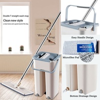 Ensemble serpillière plate en microfibre avec seau, lavage mains libres, serpillière à pression en plastique pour nettoyage de sols secs et humides, idéal pour l'élimination de la poussière à la maison