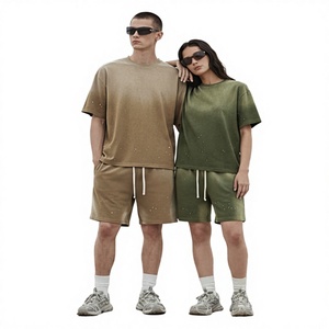 Conjunto de 2 piezas de camiseta y pantalón corto de punto transpirable vintage al por mayor, estilo retro lavado, holgado e informal para hombre, ideal para verano. - Product Image 3