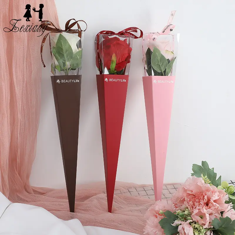 Zexiang hot sale new style cone shape pvc single flower paper packaging box for rose