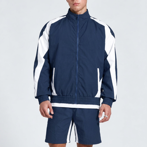 <b>Men's</b> Navy Blue White Color Block Windbreaker <b>Jacket</b> Matching <b>Short</b> Set Lightweight Sportswear Tracksuit <b>Men</b> Casual Outdoor Set - Product Image 1