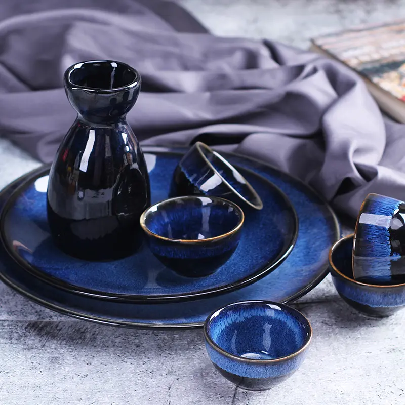 Creative porcelain reactive japanese sake set wine pot saki set japan sake cup with tray