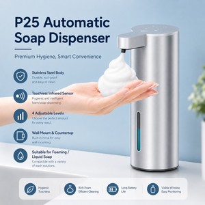 Distributeur automatique de savon mural en acier inoxydable, rechargeable, sans contact infrarouge, certifié CE RoHS IPX5, pour salle de bain et cuisine - Product Image 1