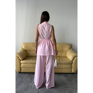 Ensemble gilet rose sans manches et pantalon large pour femme, taille S, tissu aspect lin, tenue décontractée - Product Image 1