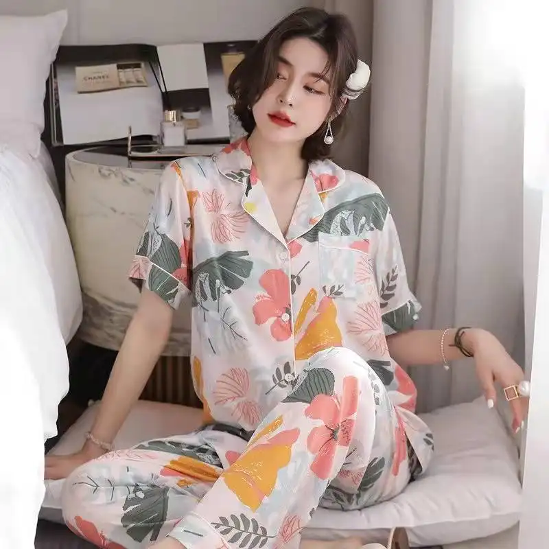 Pijamas femininos, cardigã de leite, seda, macacão casual, manga curta com lapela