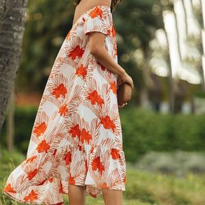 Robe mi-longue en rayonne luxueuse, à épaules dénudées, à imprimé bohème de plage, fabriquée sur mesure par le fabricant - Product Image 4