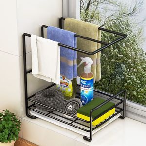 Dishcloth Rack Kitchen Sink Storage Wall Mounted Organizer Shelf 2 Bars Rectangle Design No Installation Required - Product Image 1
