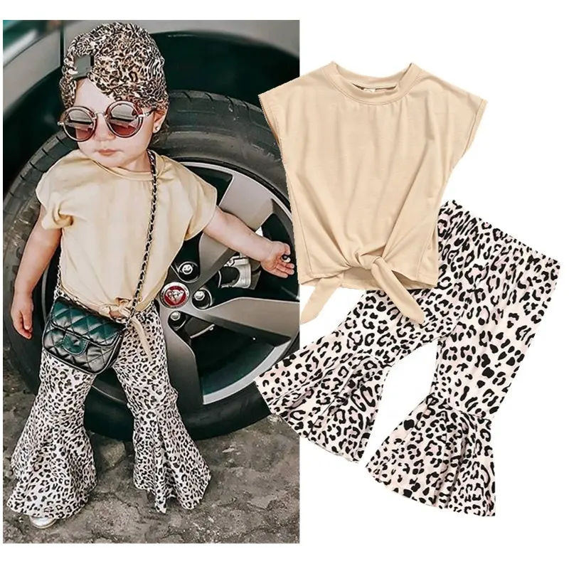 1-6 Years Spring Summer Baby Girls Clothes Set Sleeveless Solid Color Tops Leopard Print Flare Pants Suit Kids Outfits
