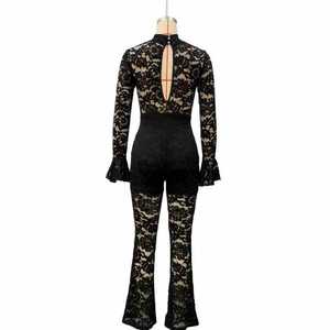 Combinaison moulante florale en dentelle pour femme, col montant, manches longues avec poignets évasés et dos découpé, idéale pour les soirées élégantes - Product Image 6