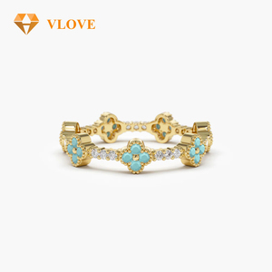 Vlove Tùy Chỉnh Nhà Máy Đồ Trang Sức Tùy Chỉnh Nhẫn 14K Đầy Đủ Eternity Clover Đá Quý Và Kim Cương Nhẫn - Product Image 5