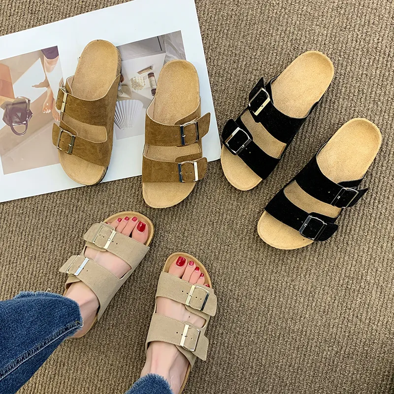 new 2022 Summer Flats Female Slippers Open Toe Suede Casual Slides fo ladies Soft comfortable black Slippers for women sandals