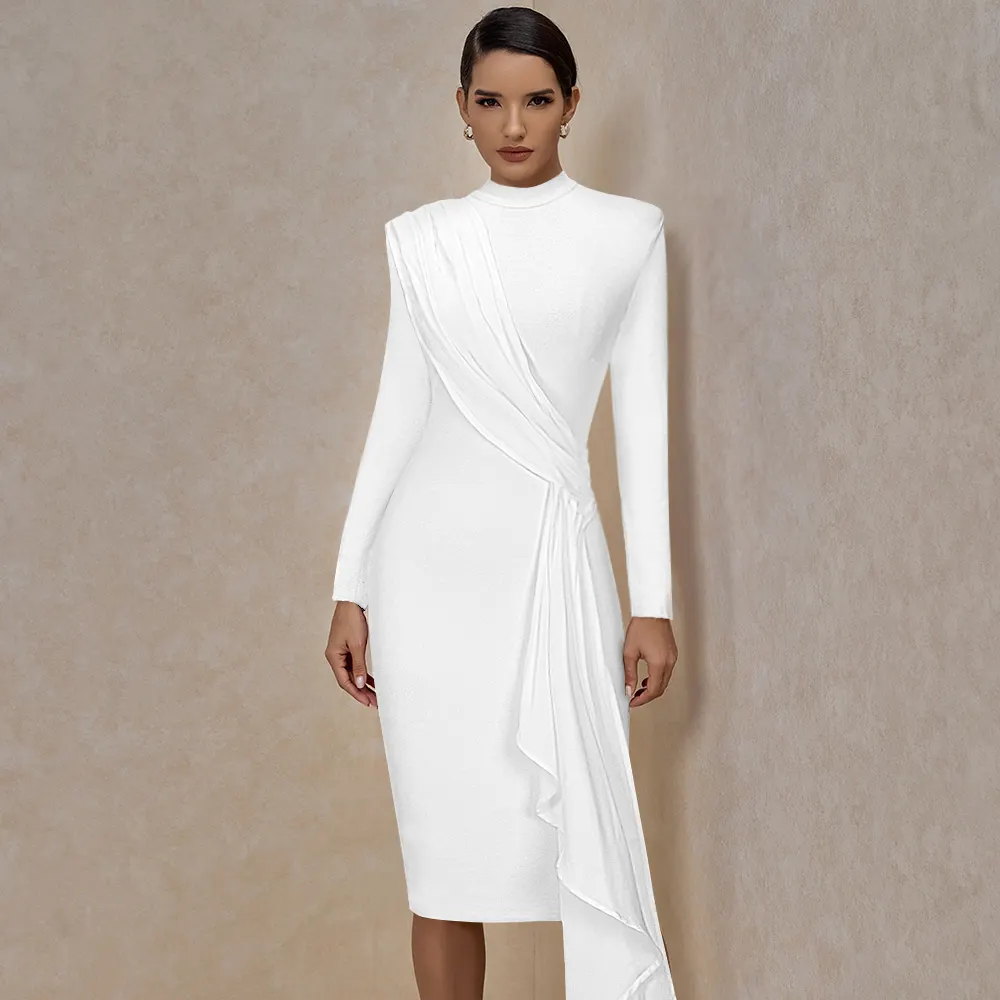 Ocstrade 2021 nouvelle mode drapé blanc longueur au genou dames robes ajustées pour les femmes à manches longues robe bandée formelle