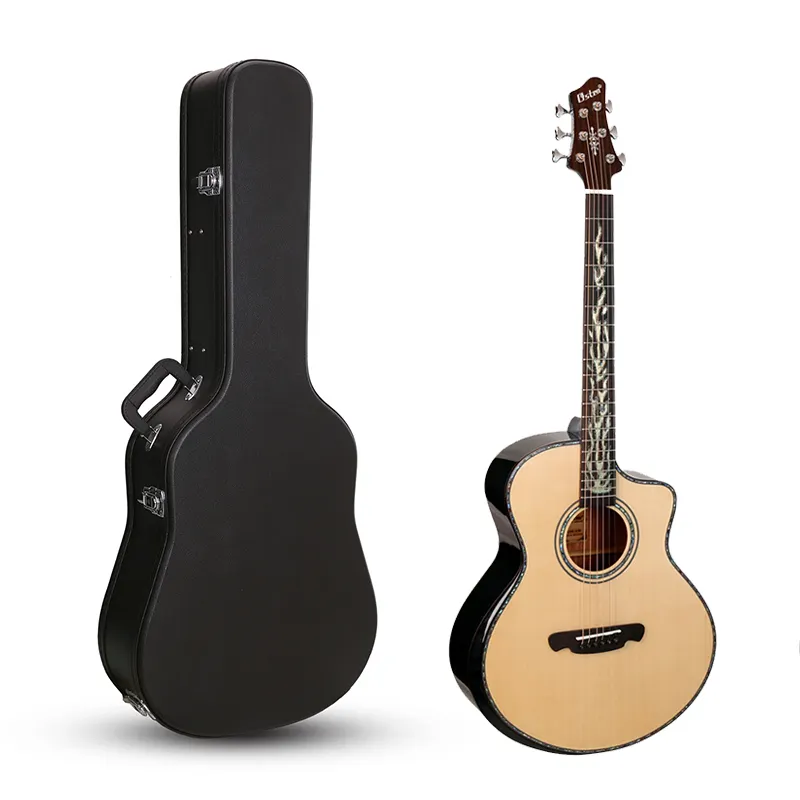 Mode sac de guitare en cuir de haute qualité accessoires Hardshell Caser étui en bois de guitare acoustique noire accepter Logo personnalisé