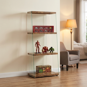 Modern Tempered Glass Etagere Shelf with Wooden Shelves Brown Rectangular <b>Display</b> Case for Home Decor - Product Image 2