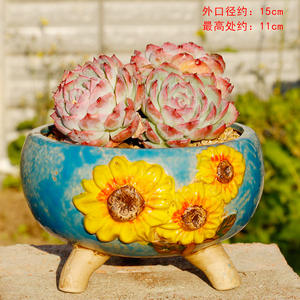 Msh Handgeschilderde Ruwe Aardewerk Schotel Bloempot Groene Plantenbak Met Drie Voet - Product Image 3