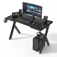 Modern R-Shape Gaming Desk With Carbon Fiber Surface Headphone Hook And Cup Holder Black Metal Frame For Work From Home