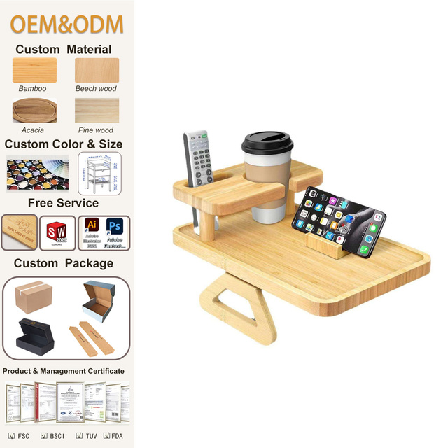 SINCERE Hot Sale Bamboo Sofa Tray Phone Holder Living Room Sofa Armrest Table Clip Beverage and Snack Tray Bamboo Storage Tray