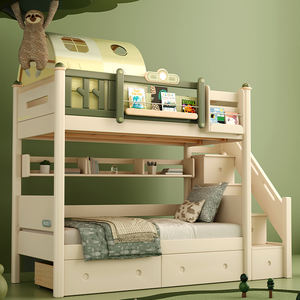 Двухъярусная кровать для детей, из массива дерева, лесная серия, зеленая и белая кровать с ограждением, двухъярусная кровать, двухместная роскошная мебель для спальни - Product Image 6