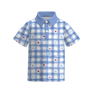 Polo Casual con stampa a quadri blu per bambini Top estivo a maniche corte per bambini per il giorno dell'indipendenza July 4a vacanza lavorato a maglia - Product Image 1