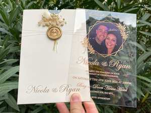 Invitations personnalisées en acrylique transparent avec estampage à chaud or et argent pour baby shower et <span class=keywords><strong>mariage</strong></span>, avec enveloppe, sceau <span class=keywords><strong>de</strong></span> cire et fleurs séchées - Product Image 6