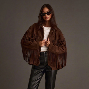 Chaqueta de cuero genuino marrón para mujer, con flecos, corte holgado, hombros caídos, manga larga, estilo otoñal, color sólido, moda occidental - Product Image 1