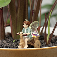 Figurine de Fée Garçon à Tricycle en Résine Prête à l'Expédition, Ornements d'Elfe à Ailes Lumineuses avec Chiot, Statue de Décoration de Jardin