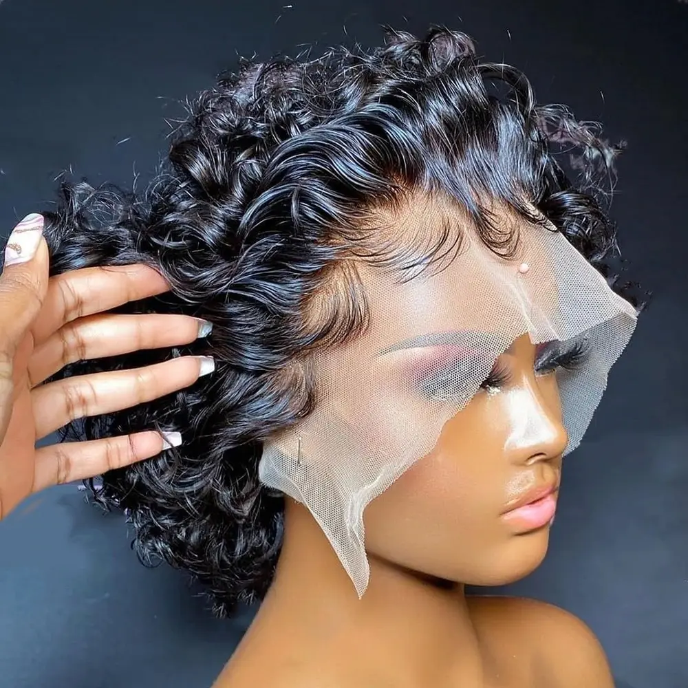 Wholesale Price Glueless Peruvian Short Bob Wigs Human Hair Lace Front Cheap Machine Made Pixie Cut Curly Wig For Black Women