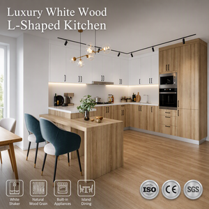 Meuble de cuisine Joysource en panneau mélaminé blanc, écologique, îlot en L, grain naturel, modulaire, appareils encastrés sur mesure - Product Image 1