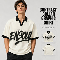 T-shirt Homme Premium Vintage à Col et Bordures Contrastantes, Lettres Imprimées Effet Peinture, Coupe Ample et Lourde, Manches Courtes