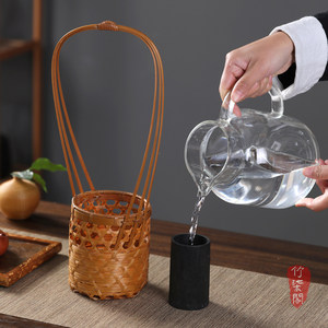 Bamboo Woven Flower Basket Round Lacquered Openwork Handheld Vase For Living Room Decor - Product Image 4