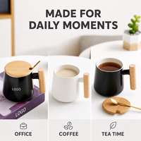 Mug en céramique avec poignée en bois, impression de logo personnalisé, 301-400 ml, avec couvercle et cuillère, blanc et noir, pour le café, le thé, le bureau, usage quotidien