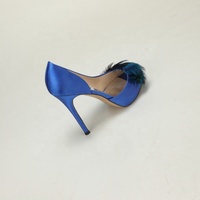 Vente en gros OEM ODM Escarpins à plateforme et à talon aiguille, bleu roi, en satin, à motif plumes de paon, à bout ouvert, style D'Orsay, pour soirée