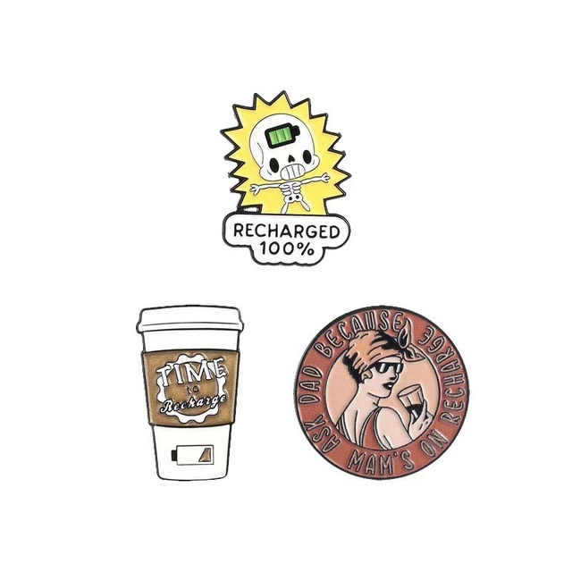 Wholesale Metal Cartoon Pins Creative Unique Battery-Level Skeleton Brooch Pins Cute Girly Metal Coffee Energy Theme Pin Badge