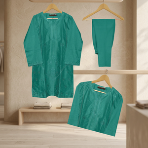 FIRLO JAISAR VOL II EDICIÓN CHIKKENKARI, Vestido Ecológico de Satén para Mujer, Estilo Chickenkari, para Representaciones Teatrales, Color Verde Azulado - Product Image 3