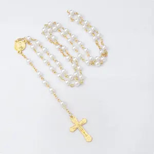 New European and American models 6mm gold pearl prayer bead necklace imitation pearl beaded cross necklace