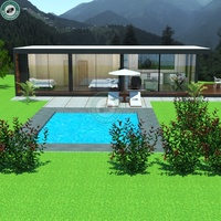 Maison en plastique pour plancher, balcon en bois, 2 chambres à coucher, maison avec conception murale en verre, 35,40 pieds