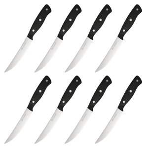 Ensemble de 8 couteaux à steak dentelés ambidextres de haute qualité, faits à la main, avec manche en POM noir, lame en acier carbone, compatibles lave-vaisselle - Product Image 1