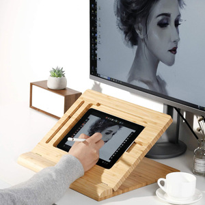Bamboo <b>Tablet</b> <b>Stand</b> Height Adjustable Foldable Wood Natural Color <b>For</b> Drawing And Video Viewing With Charging Port - Product Image 2