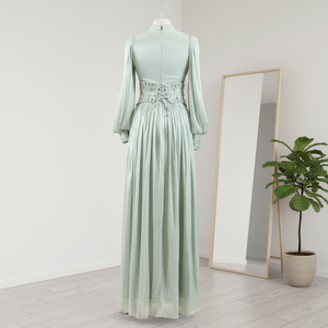 <span class=keywords><strong>Robe</strong></span> de soirée longue de luxe personnalisée en satin et mousseline vert <span class=keywords><strong>sauge</strong></span>, col montant, manches longues bouffantes, taille perlée, pour femme - Product Image 3