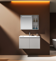 Meuble de salle de bain moderne français de luxe avec miroir intelligent, ensemble vasque en céramique, fixation murale créative en acier inoxydable à double porte