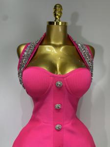 Abito Fasciante di Lusso da <span class=keywords><strong>Donna</strong></span>, Collo all'Americana, Schiena Scoperta, con Perline, Lavorato a Maglia, Lunghezza al Ginocchio, Asciugatura Rapida, <span class=keywords><strong>Sexy</strong></span>, per Club, Serate e Feste - Product Image 4