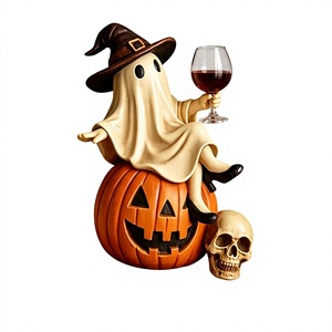 Figurine de fantôme d'Halloween en résine avec chapeau de sorcière, assise sur une citrouille, tenant un verre à vin, décoration de table pour fête à domicile - Product Image 1