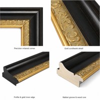 Moulure de cadre photo en pin massif 73x43mm noir mat avec ornement en spirale doré pour décoration de galerie de peintures à l'huile