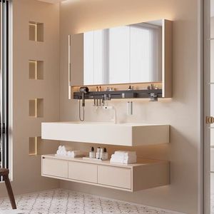 Meuble-lavabo mural crème avec vasque en pierre intégrée, <span class=keywords><strong>miroir</strong></span> et étagère de rangement pour projets - Product Image 2