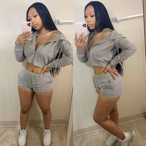 Conjuntos para mujer, trajes de verano 2025 personalizados, Chaqueta de algodón con cremallera para mujer, Top corto con capucha y pantalones cortos de chándal, conjunto de 2 piezas - Product Image 5