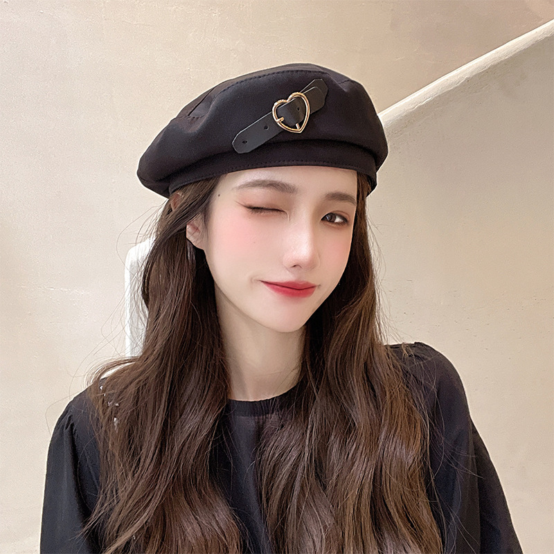 Stylish Black Cotton French Beret Hat for Women with Heart  display picture 2