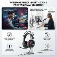 Casque de jeu filaire circum-auriculaire audiophile OEM ODM avec éclairage RGB, coussinets en cuir, son surround AAC, structure métallique et commandes tactiles