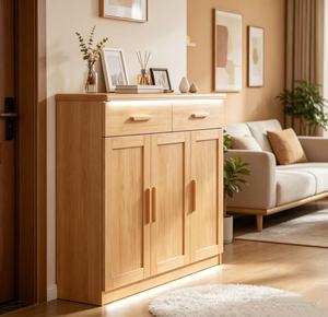 Armoire de rangement en bois moderne avec 2 tiroirs et 3 portes pour l'entrée, étagère à chaussures, meubles de salon, design scandinave - Product Image 6